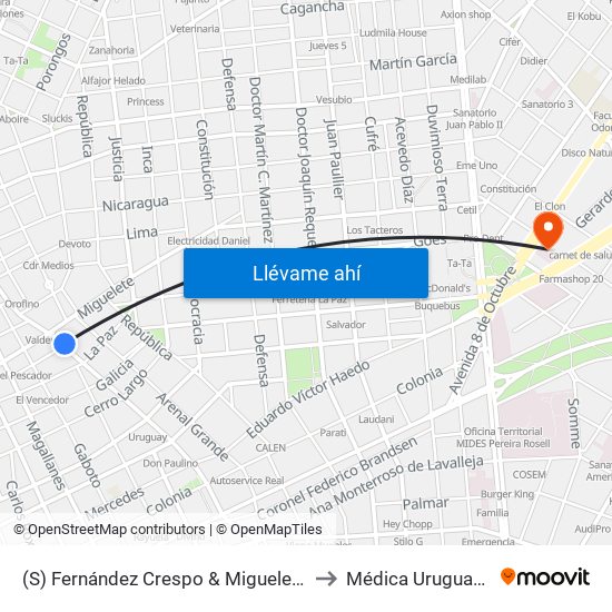 (S) Fernández Crespo & Miguelete to Médica Uruguaya map