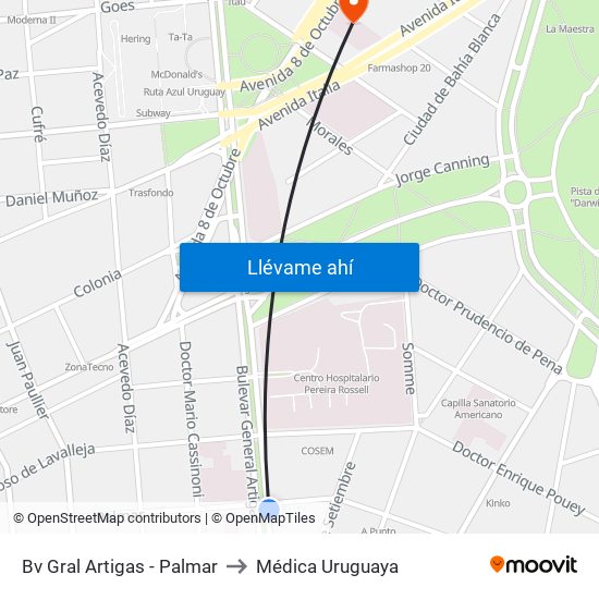 Bv Gral Artigas - Palmar to Médica Uruguaya map