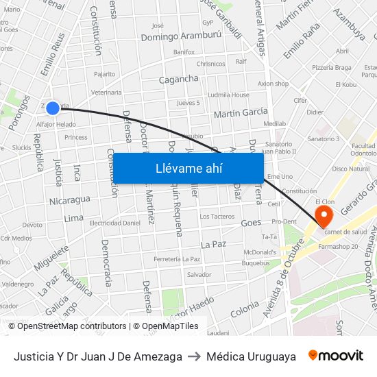 Justicia Y Dr Juan J De Amezaga to Médica Uruguaya map