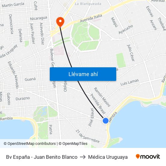 Bv España - Juan Benito Blanco to Médica Uruguaya map