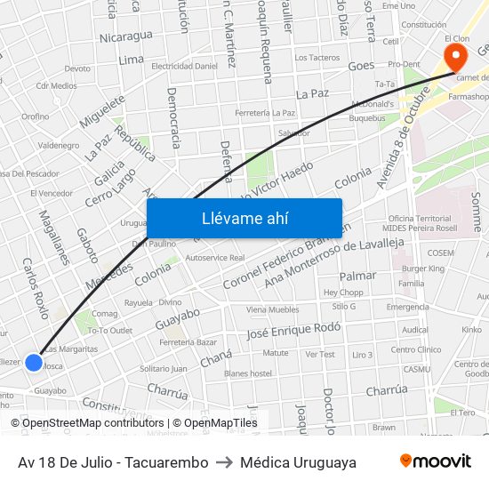 Av 18 De Julio - Tacuarembo to Médica Uruguaya map