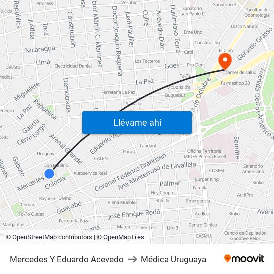 Mercedes Y Eduardo Acevedo to Médica Uruguaya map