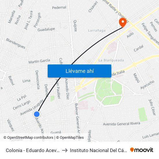 Colonia - Eduardo Acevedo to Instituto Nacional Del Cáncer map