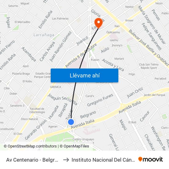 Av Centenario - Belgrano to Instituto Nacional Del Cáncer map