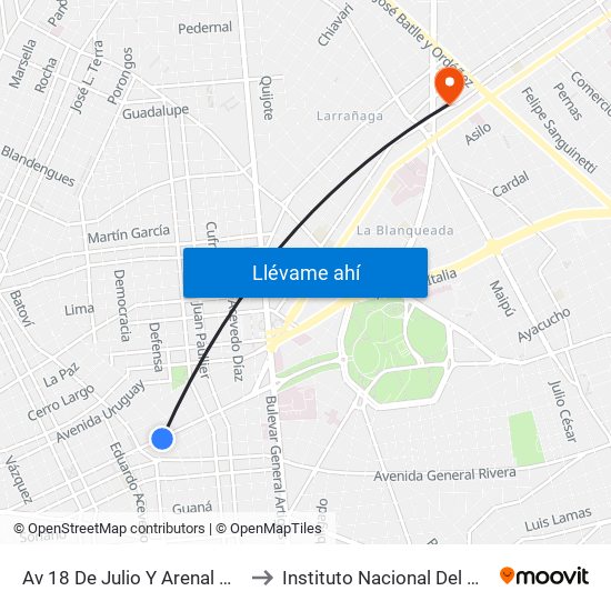 Av 18 De Julio Y Arenal Grande to Instituto Nacional Del Cáncer map