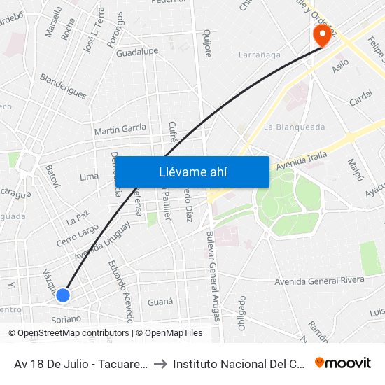 Av 18 De Julio - Tacuarembo to Instituto Nacional Del Cáncer map