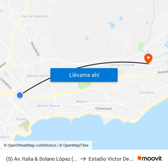 (S) Av. Italia & Solano López (Comercio) to Estadio Victor De La Valle map