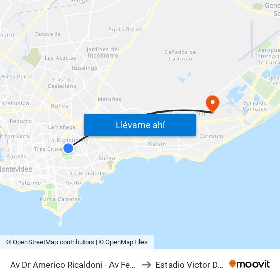 Av Dr Americo Ricaldoni - Av Federico R Vidiella to Estadio Victor De La Valle map