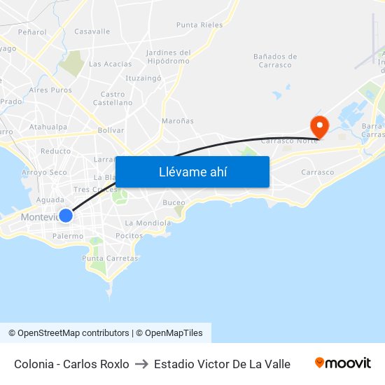Colonia - Carlos Roxlo to Estadio Victor De La Valle map