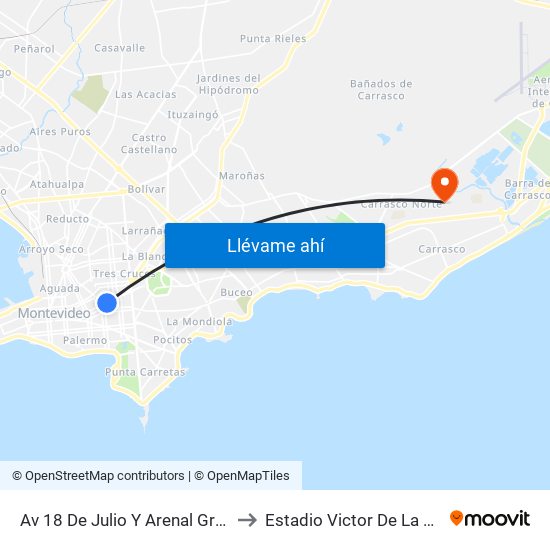 Av 18 De Julio Y Arenal Grande to Estadio Victor De La Valle map
