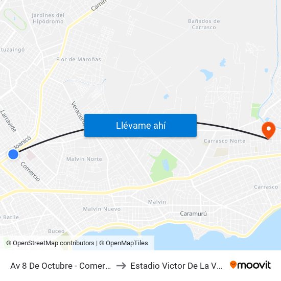 Av 8 De Octubre - Comercio to Estadio Victor De La Valle map