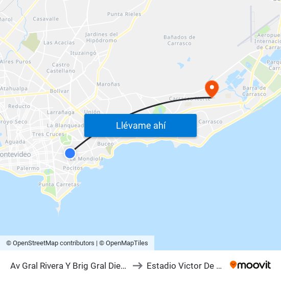 Av Gral Rivera Y Brig Gral Diego Lamas to Estadio Victor De La Valle map