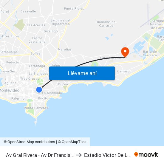 Av Gral Rivera - Av Dr Francisco Soca to Estadio Victor De La Valle map