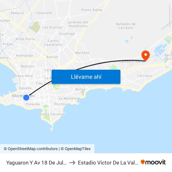 Yaguaron Y Av 18 De Julio to Estadio Victor De La Valle map