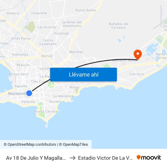 Av 18 De Julio Y Magallanes to Estadio Victor De La Valle map