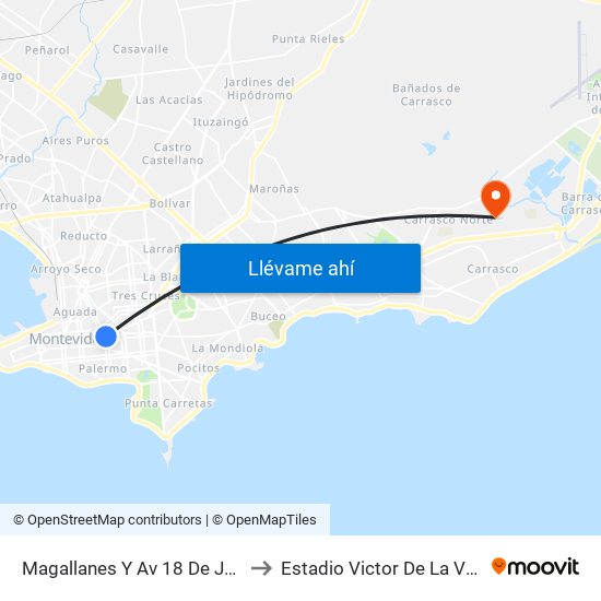Magallanes Y Av 18 De Julio to Estadio Victor De La Valle map