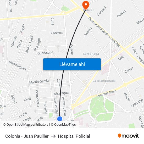 Colonia - Juan Paullier to Hospital Policial map