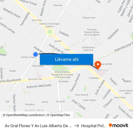 Av Gral Flores Y Av Luis Alberto De Herrera to Hospital Policial map