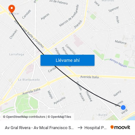 Av Gral Rivera - Av Mcal Francisco Solano Lopez to Hospital Policial map