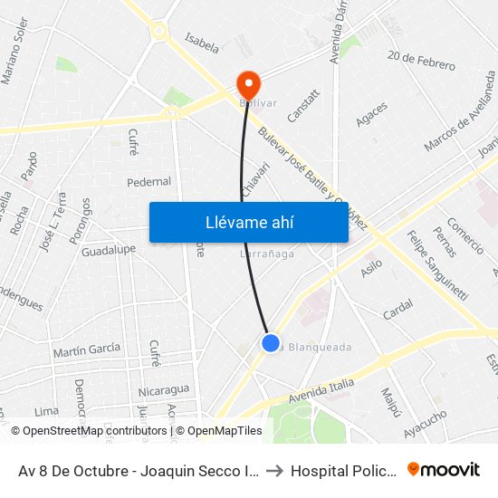 Av 8 De Octubre - Joaquin Secco Illa to Hospital Policial map