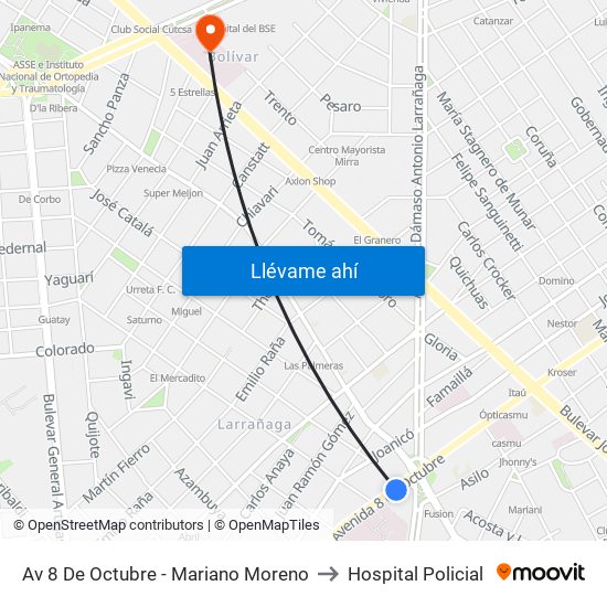 Av 8 De Octubre - Mariano Moreno to Hospital Policial map