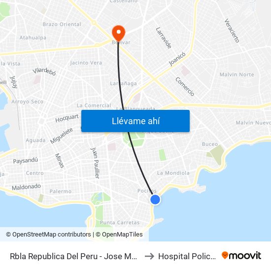 Rbla Republica Del Peru - Jose Marti to Hospital Policial map