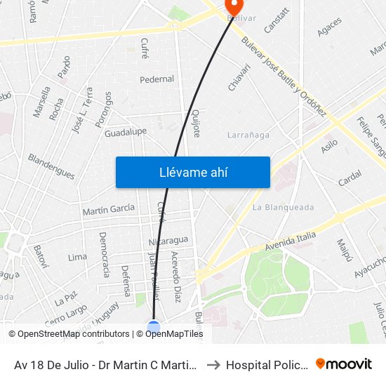 Av 18 De Julio - Dr Martin C Martinez to Hospital Policial map