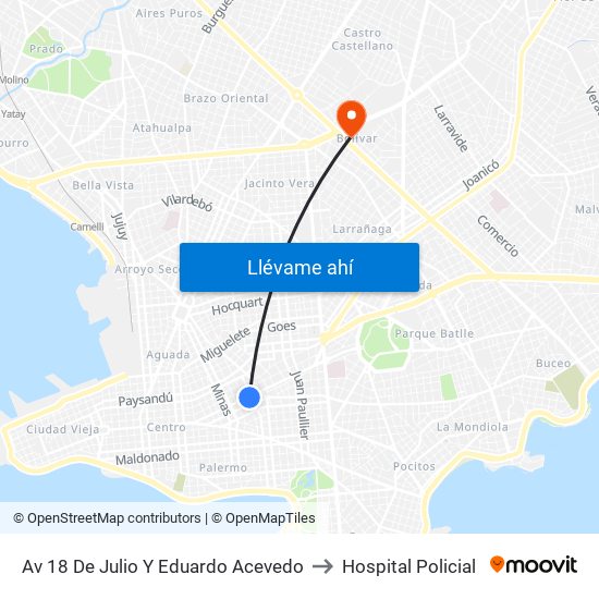 Av 18 De Julio Y Eduardo Acevedo to Hospital Policial map