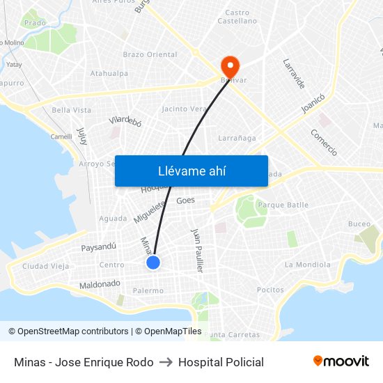 Minas - Jose Enrique Rodo to Hospital Policial map