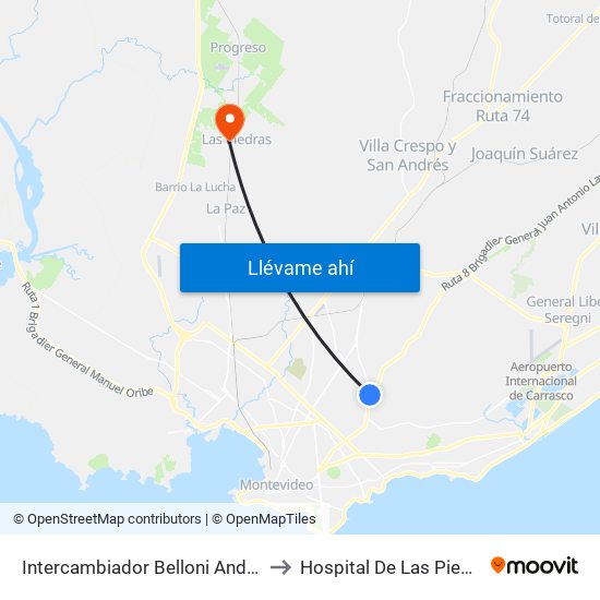 Intercambiador Belloni Andén 4 to Hospital De Las Piedras map