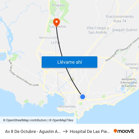 Av 8 De Octubre - Agustin Abreu to Hospital De Las Piedras map