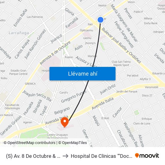 (S) Av. 8 De Octubre & Agustina Contucci to Hospital De Clínicas ""Doctor Manuel Quintela"" map