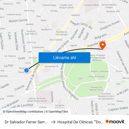 Dr Salvador Ferrer Serra - Dr Mario Cassinoni to Hospital De Clínicas ""Doctor Manuel Quintela"" map