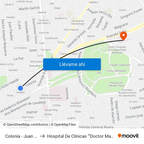 Colonia - Juan Paullier to Hospital De Clínicas ""Doctor Manuel Quintela"" map