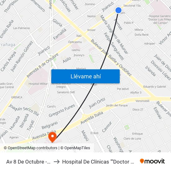 Av 8 De Octubre - Comercio to Hospital De Clínicas ""Doctor Manuel Quintela"" map