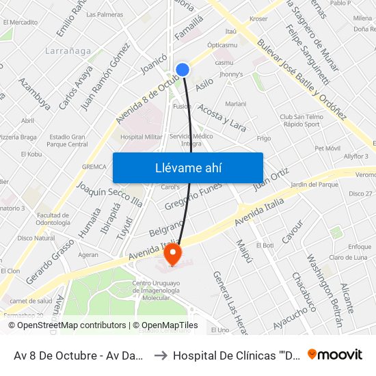 Av 8 De Octubre - Av Damaso Antonio Larrañaga to Hospital De Clínicas ""Doctor Manuel Quintela"" map