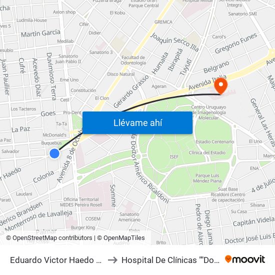 Eduardo Victor Haedo Y Dr Mario Cassinoni to Hospital De Clínicas ""Doctor Manuel Quintela"" map