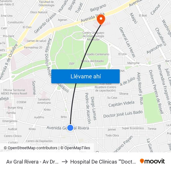 Av Gral Rivera - Av Dr Francisco Soca to Hospital De Clínicas ""Doctor Manuel Quintela"" map