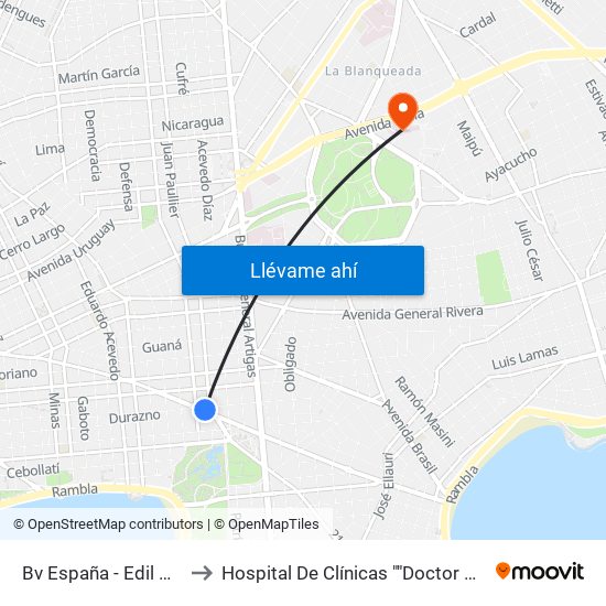Bv España - Edil Hugo Prato to Hospital De Clínicas ""Doctor Manuel Quintela"" map