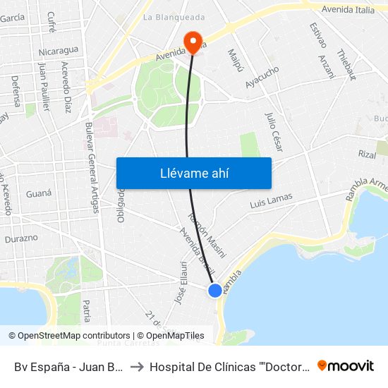 Bv España - Juan Benito Blanco to Hospital De Clínicas ""Doctor Manuel Quintela"" map