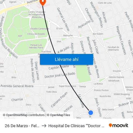 26 De Marzo - Felix Buxareo to Hospital De Clínicas ""Doctor Manuel Quintela"" map