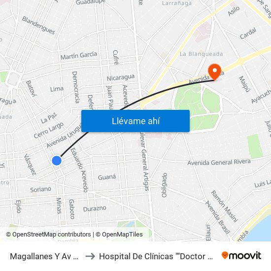 Magallanes Y Av 18 De Julio to Hospital De Clínicas ""Doctor Manuel Quintela"" map