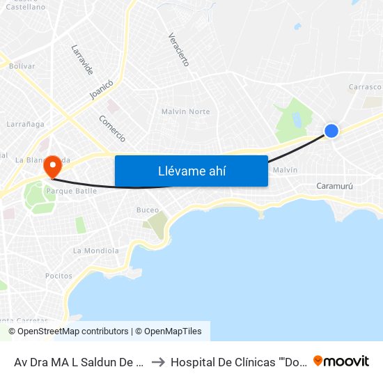 Av Dra MA L Saldun De Rodriguez - Av Bolivia to Hospital De Clínicas ""Doctor Manuel Quintela"" map