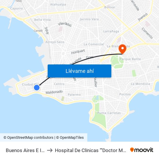 Buenos Aires E Ituzaingo to Hospital De Clínicas ""Doctor Manuel Quintela"" map