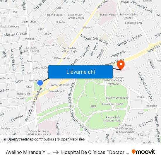 Avelino Miranda Y Gral Urquiza to Hospital De Clínicas ""Doctor Manuel Quintela"" map