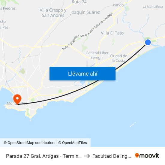 Parada 27 Gral. Artigas - Terminal El Pinar to Facultad De Ingenieria map