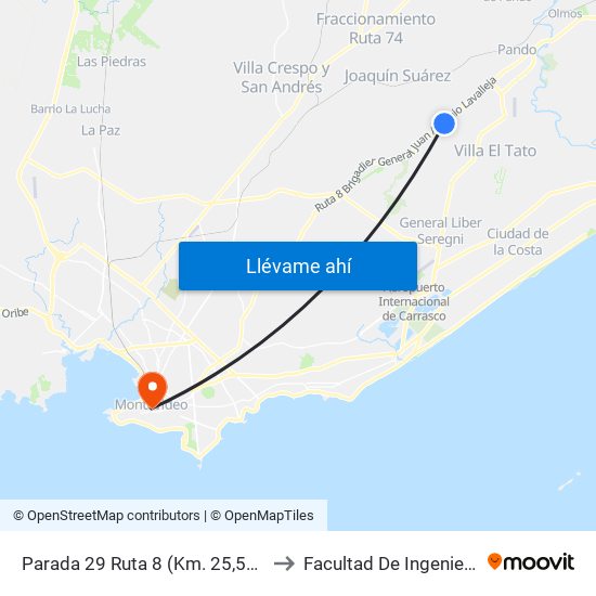 Parada 29 Ruta 8 (Km. 25,500) to Facultad De Ingenieria map