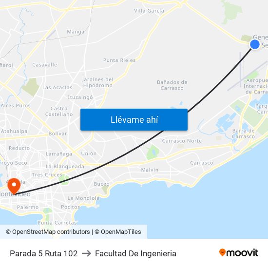 Parada 5 Ruta 102 to Facultad De Ingenieria map