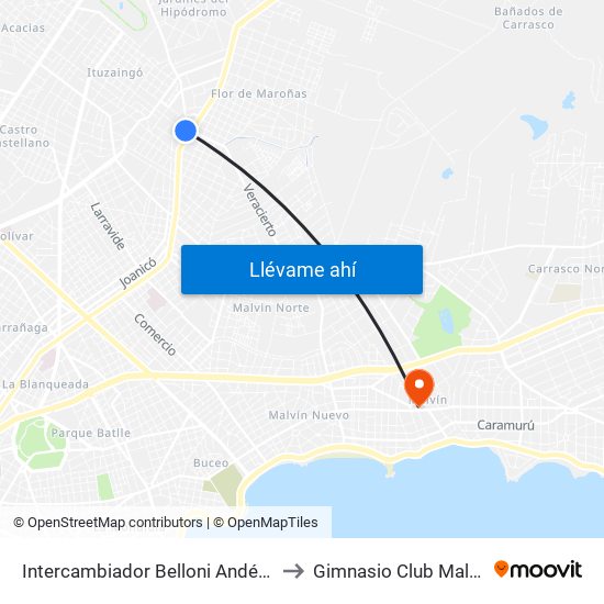 Intercambiador Belloni Andén 4 to Gimnasio Club Malvín map