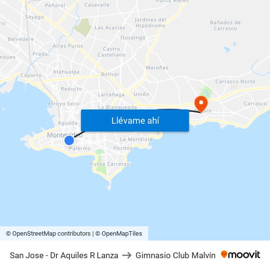 San Jose - Dr Aquiles R Lanza to Gimnasio Club Malvín map